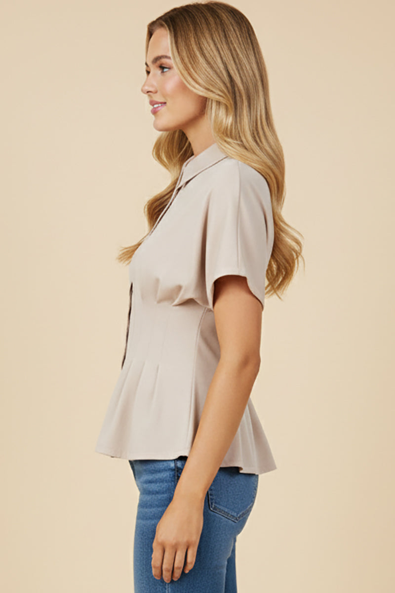 HY3097 Beige Pleated Waist Button Up Knit Shirt Side