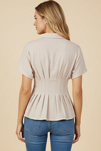 HY3097 Beige Pleated Waist Button Up Knit Shirt Back