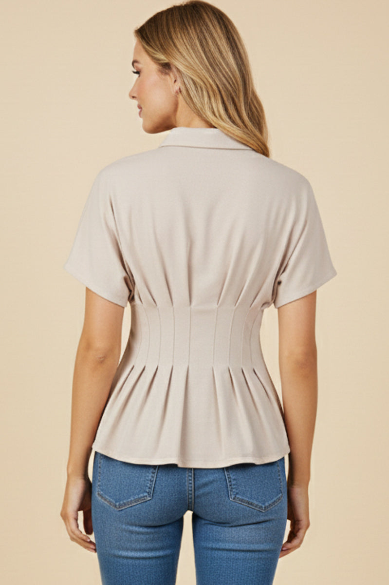 HY3097 Beige Pleated Waist Button Up Knit Shirt Back