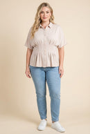 HY3097W Beige Pleated Waist Button Up Knit Shirt Full Body