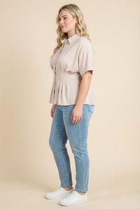 HY3097W Beige Pleated Waist Button Up Knit Shirt Side