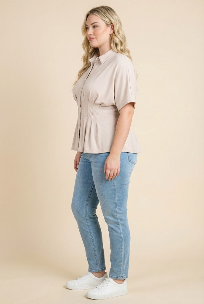HY3097W Beige Pleated Waist Button Up Knit Shirt Side