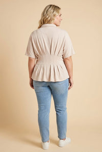 HY3097W Beige Pleated Waist Button Up Knit Shirt Back