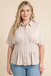 Pleated Waist Button Up Knit Shirt