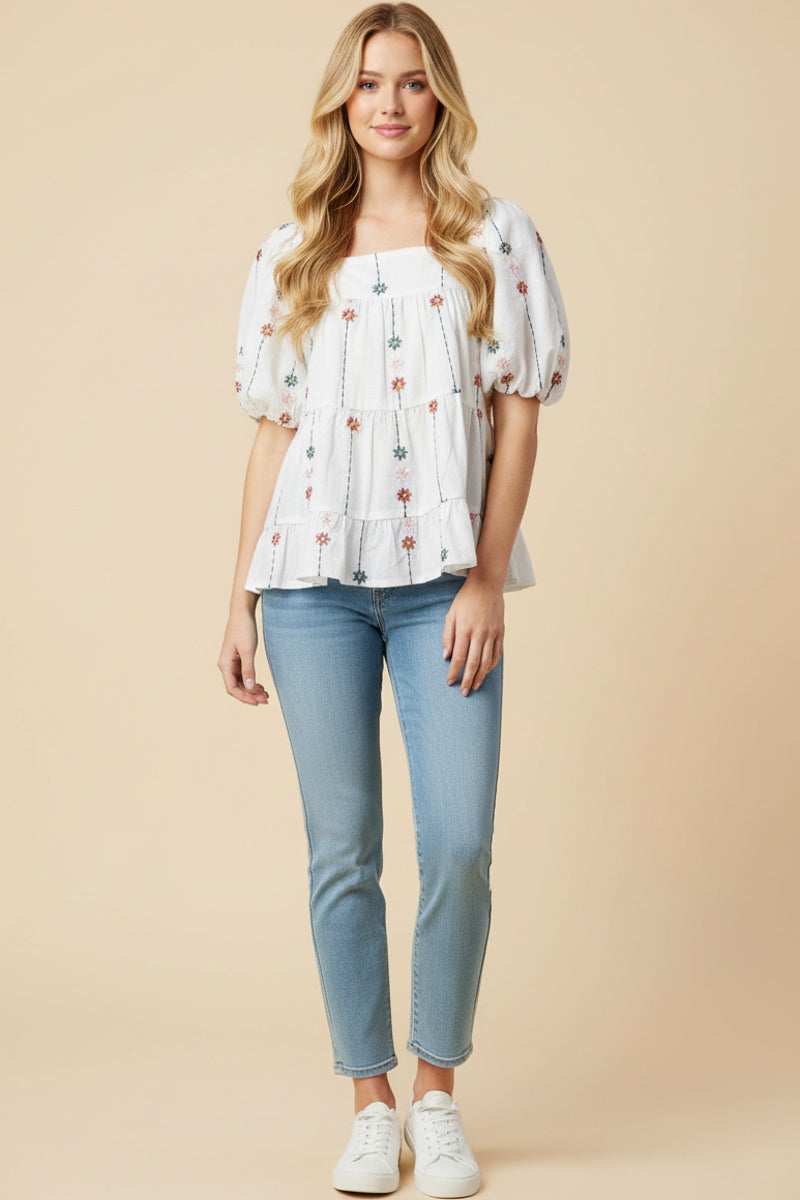 Floral Embroidered Puff Sleeve Tiered Top