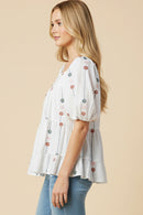 Floral Embroidered Puff Sleeve Tiered Top