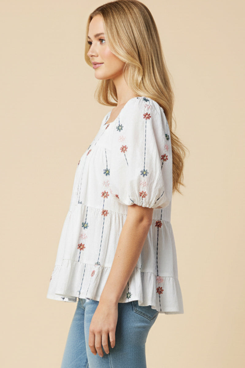 Floral Embroidered Puff Sleeve Tiered Top