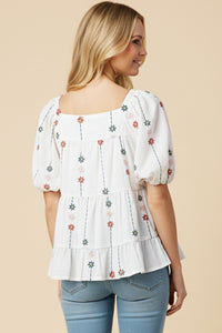 Floral Embroidered Puff Sleeve Tiered Top