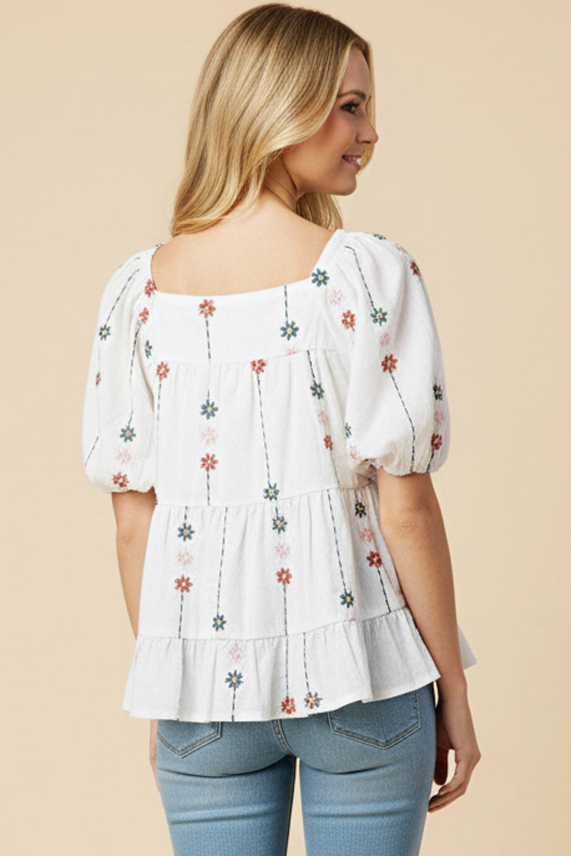 Floral Embroidered Puff Sleeve Tiered Top