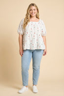 Floral Embroidered Puff Sleeve Tiered Top