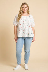 Floral Embroidered Puff Sleeve Tiered Top
