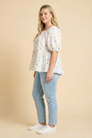 Floral Embroidered Puff Sleeve Tiered Top