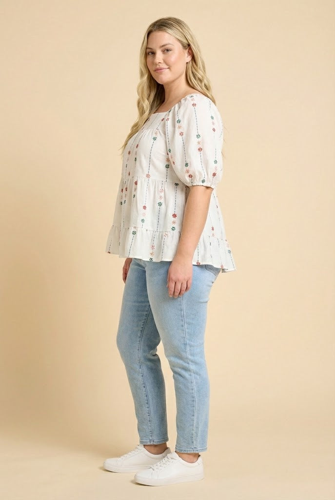 Floral Embroidered Puff Sleeve Tiered Top