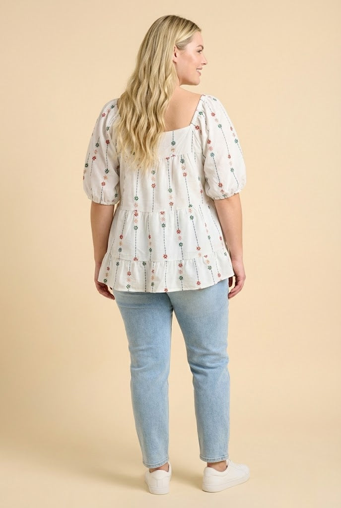 Floral Embroidered Puff Sleeve Tiered Top