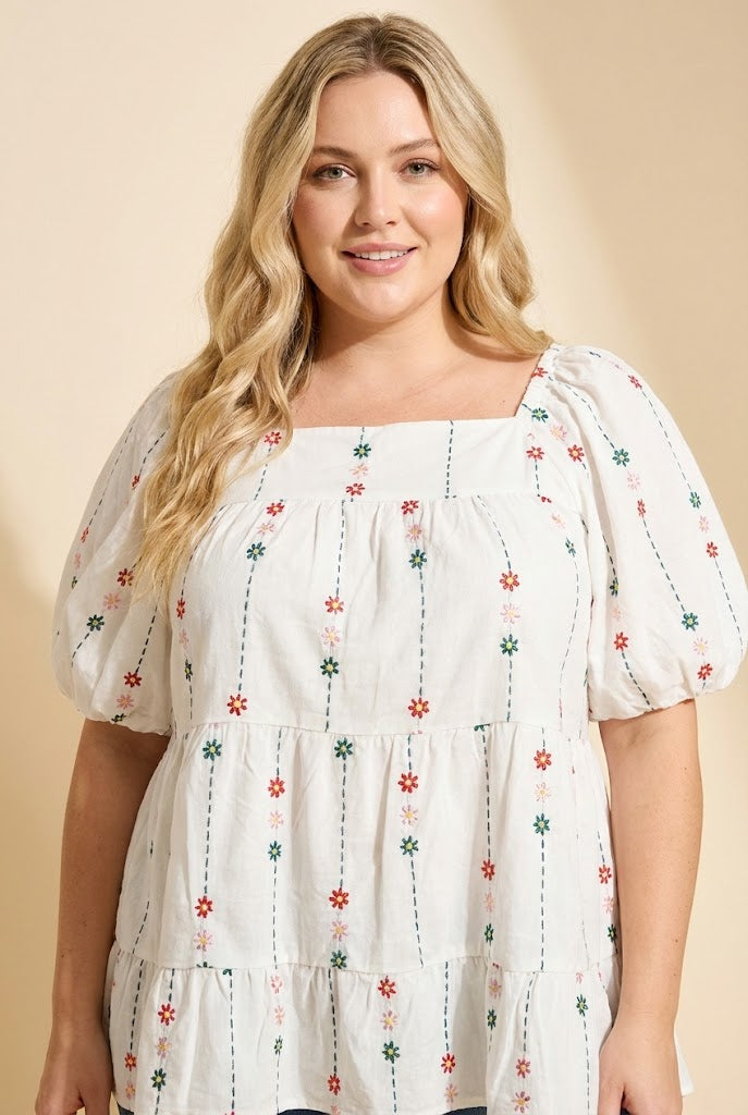 Floral Embroidered Puff Sleeve Tiered Top