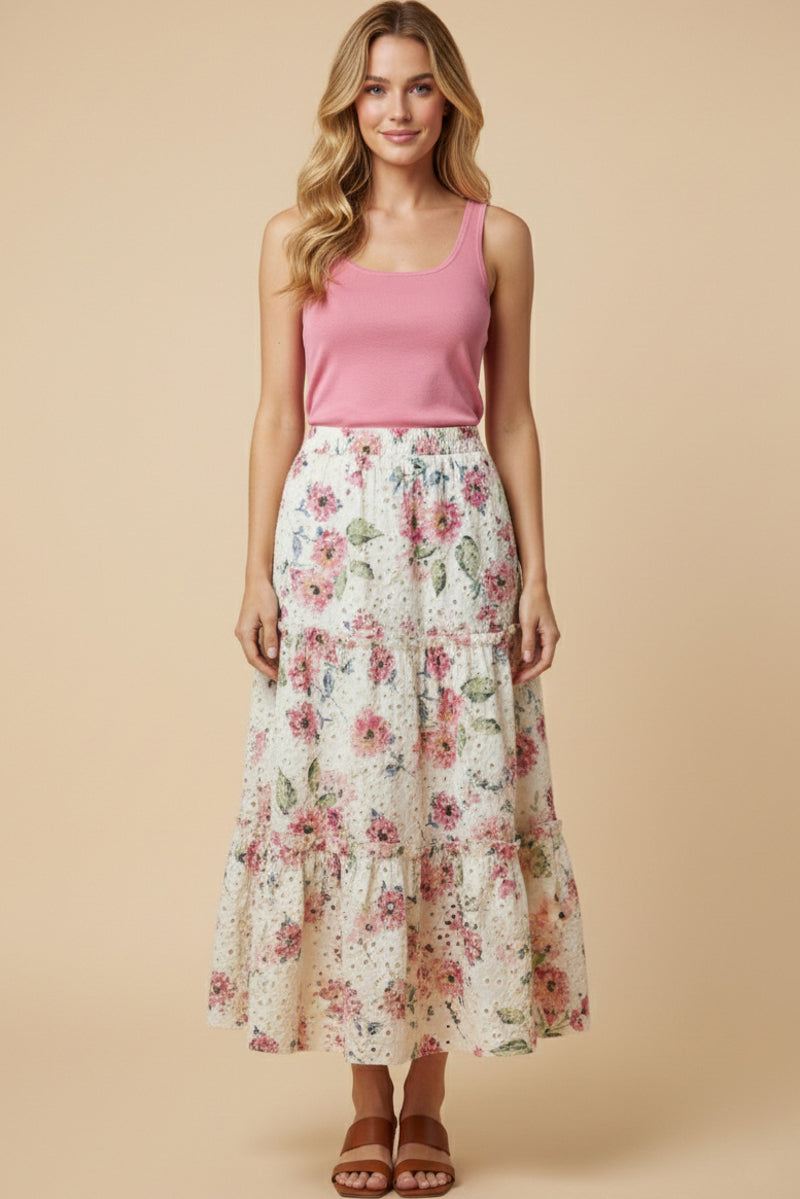 Floral Printed Crochet Eyelet Skirt