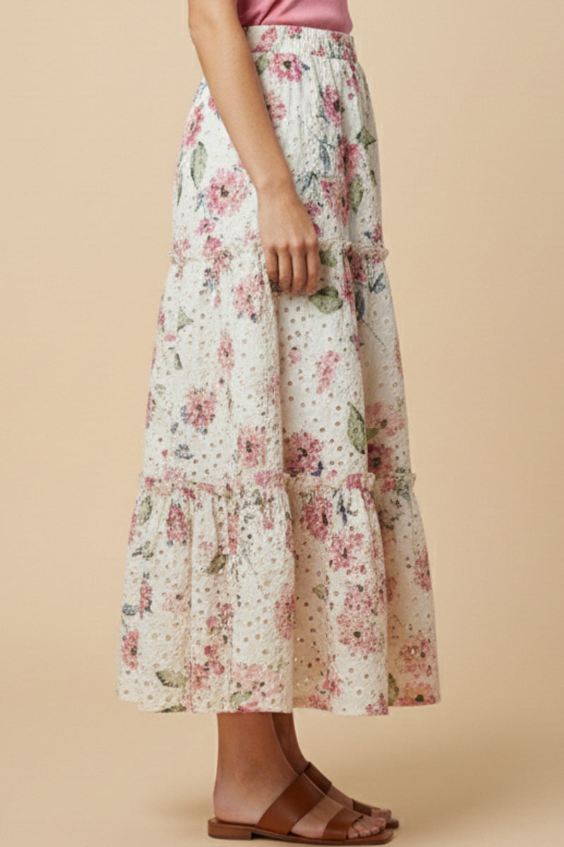 Floral Printed Crochet Eyelet Skirt