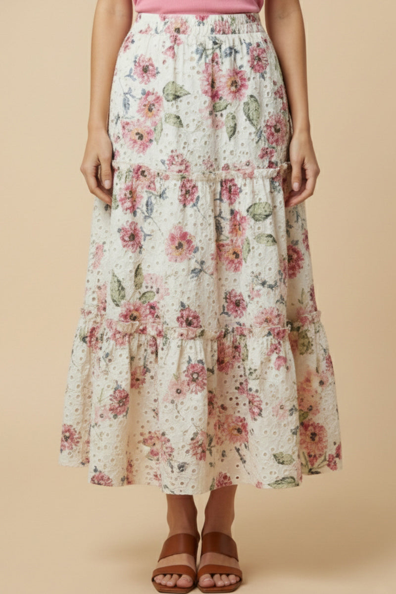 Floral Printed Crochet Eyelet Skirt