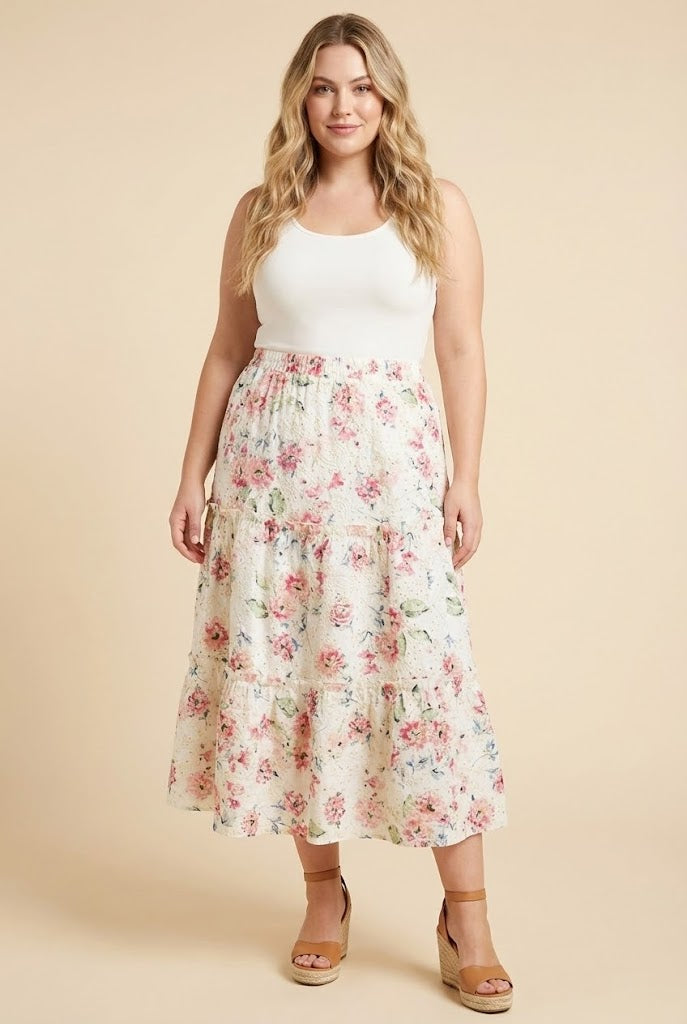 Floral Printed Crochet Eyelet Skirt