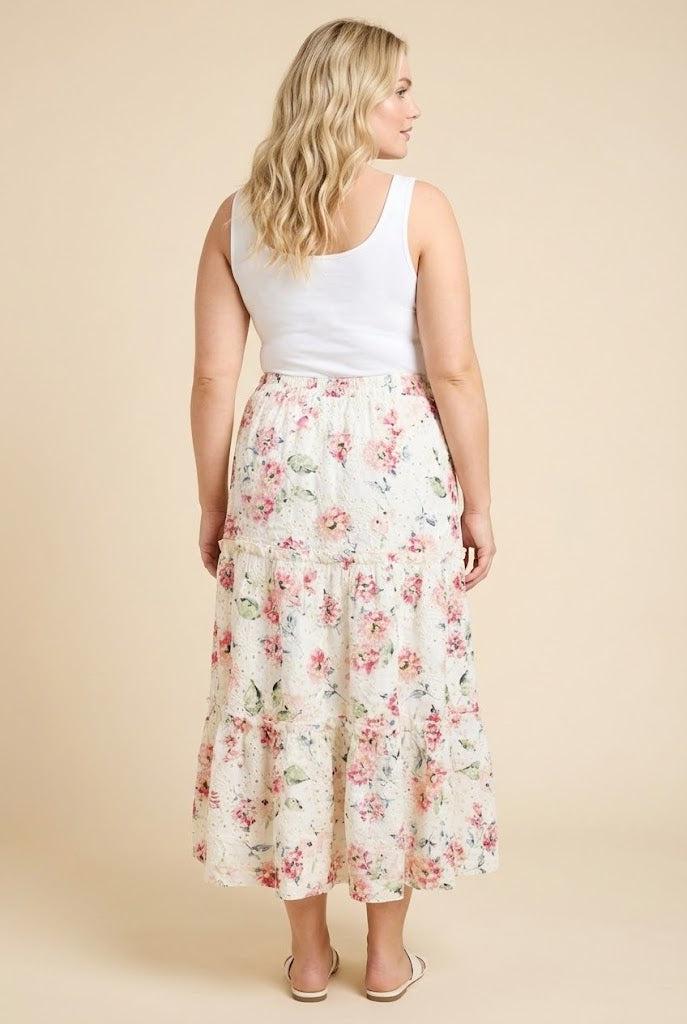Floral Printed Crochet Eyelet Skirt