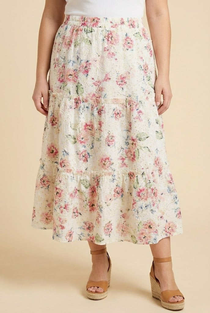 Floral Printed Crochet Eyelet Skirt