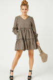 Smocked Cuff V Neck Tiered Plaid Dress