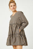 Smocked Cuff V Neck Tiered Plaid Dress