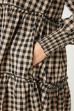 Smocked Cuff V Neck Tiered Plaid Dress