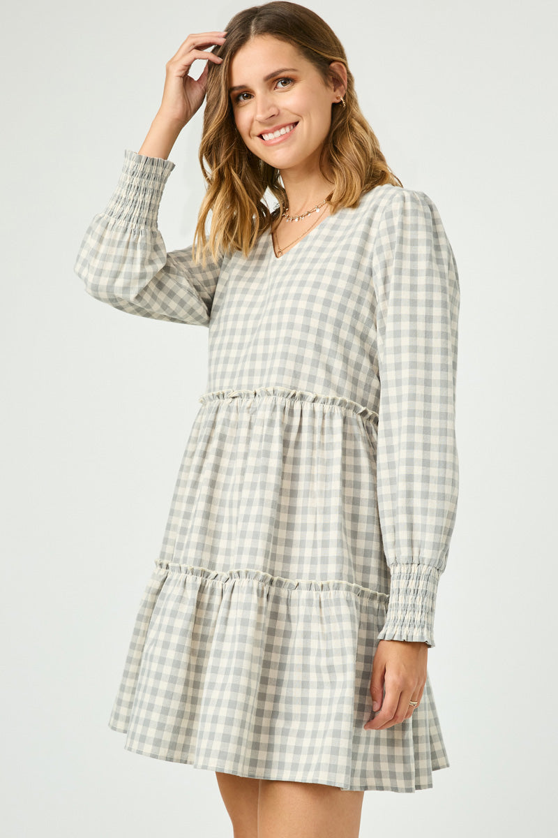 Smocked Cuff V Neck Tiered Plaid Dress
