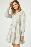 HY5003 BLACK Womens Smocked Cuff V Neck Tiered Plaid Dress Full Body