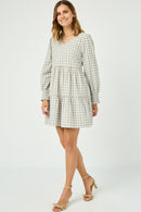 HY5003 GREY Womens Smocked Cuff V Neck Tiered Plaid Dress Side
