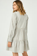 HY5003 Grey Womens Smocked Cuff V Neck Tiered Plaid Dress Gif