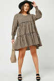 HY5003 GREY Womens Smocked Cuff V Neck Tiered Plaid Dress Front