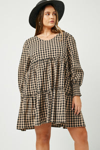 HY5003 GREY Womens Smocked Cuff V Neck Tiered Plaid Dress Back