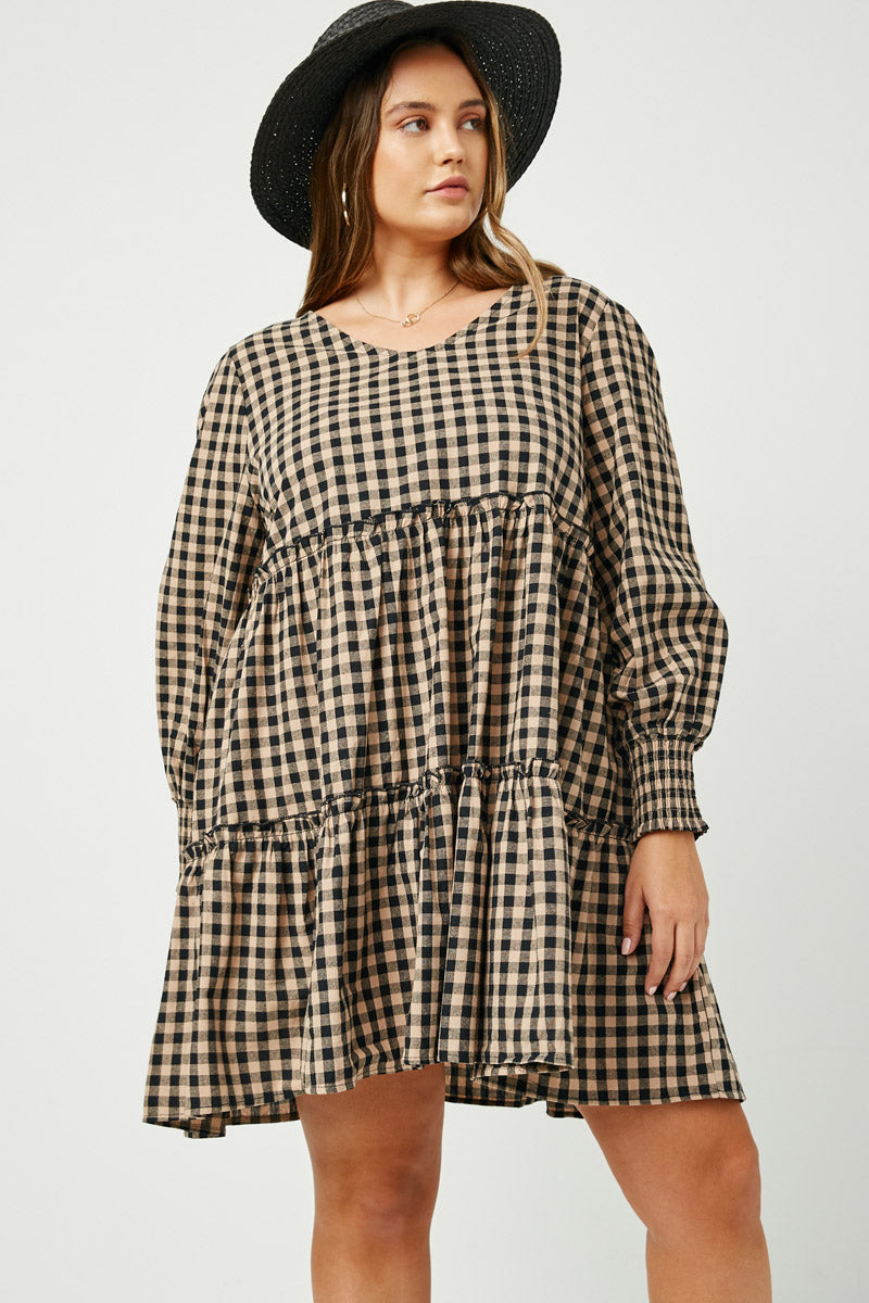 HY5003 GREY Womens Smocked Cuff V Neck Tiered Plaid Dress Back