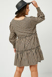 Smocked Cuff V Neck Tiered Plaid Dress