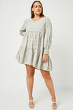 Smocked Cuff V Neck Tiered Plaid Dress