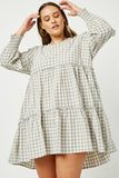 HY5003 Black Womens Smocked Cuff V Neck Tiered Plaid Dress Gif