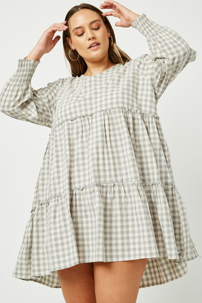Smocked Cuff V Neck Tiered Plaid Dress
