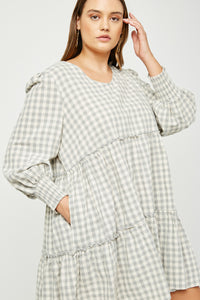 HY5003 BLACK Womens Smocked Cuff V Neck Tiered Plaid Dress Side