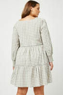 HY5003 BLACK Womens Smocked Cuff V Neck Tiered Plaid Dress Detail