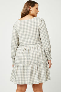 HY5003 BLACK Womens Smocked Cuff V Neck Tiered Plaid Dress Detail