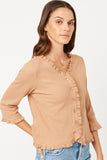 HY5036 MOCHA Womens Ruffled Placket And Cuff Ribbed Knit Buttoned Cardigan Front