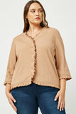 HY5036 MOCHA Womens Ruffled Placket And Cuff Ribbed Knit Buttoned Cardigan Back