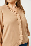 HY5036W MOCHA Plus Ruffled Placket And Cuff Ribbed Knit Buttoned Cardigan Full Body