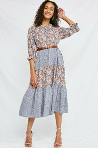 HY5037 Blue Womens Mixed Floral Block Ruffle Neck Maxi Dress Pose