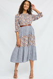 HY5037 Blue Womens Mixed Floral Block Ruffle Neck Maxi Dress Pose
