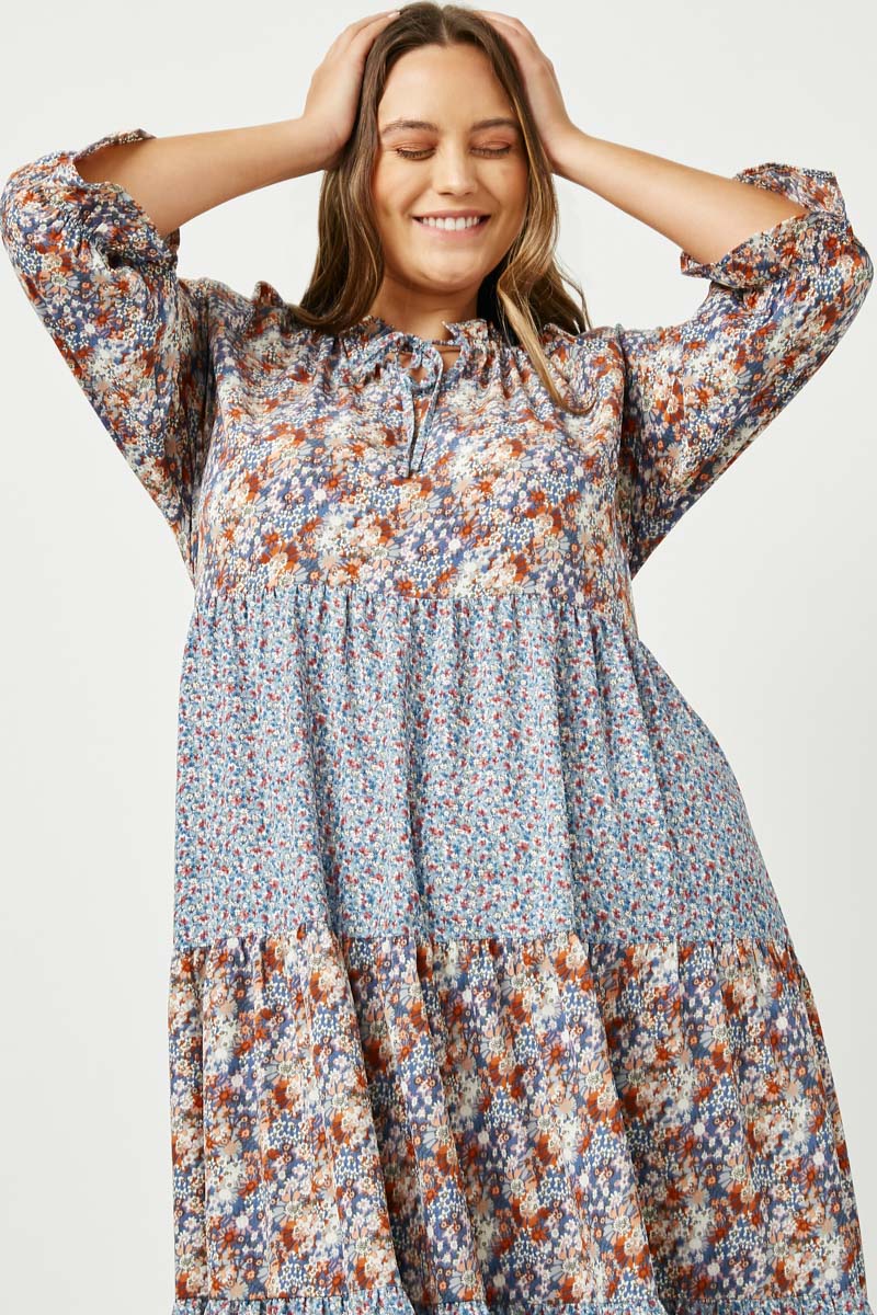 Mixed Floral Block Ruffle Neck Maxi Dress