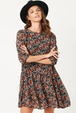 HY5056 BLACK Womens Drop Waist Long Sleeve Botanical Print Chiffon Dress Pose