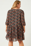 HY5056 BLACK Womens Drop Waist Long Sleeve Botanical Print Chiffon Dress Detail